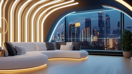 Scandinavian high tech Hollywood living room, futuristic LED wall, plush modular seating, sleek black accents, sculptural gold lighting, skyline