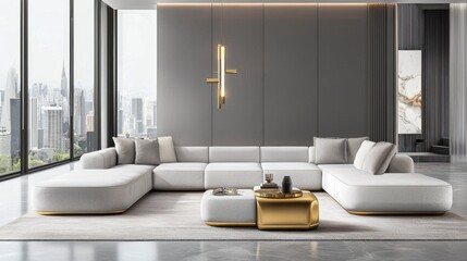 Scandinavian high tech Hollywood living room, sleek gray walls, plush modular sofa, floating gold details, sculptural lighting, square velvet ottoman