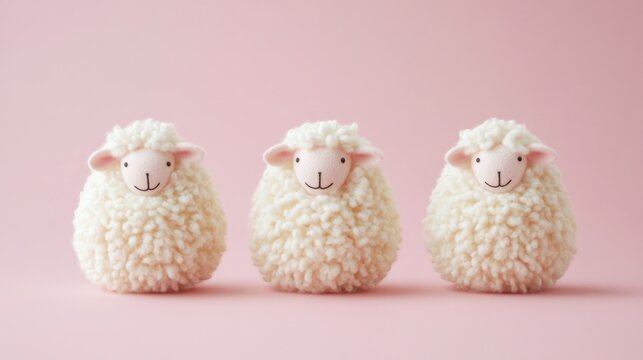 Three woolly sheep figurines soft pink background. Easter, Pascha, Paskha, Ostern, Pascua, Paques - Orthodox and Catholic Holiday celebration. Eid al-Adha, Kurban Bayram, Bakra Eid, Feast of Sacrifice
