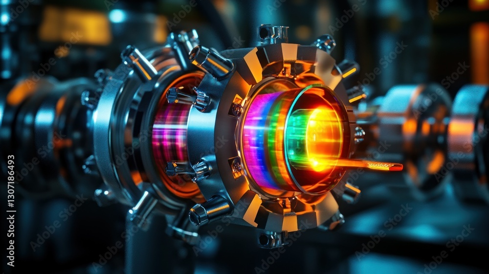 Aufkleber intricate close-up of a futuristic energy core with vibrant colors and metallic details in a lab set