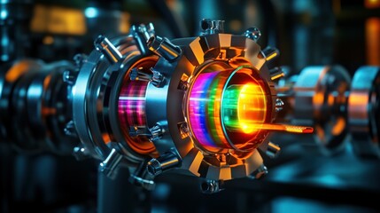 Obraz premium Intricate close-up of a futuristic energy core with vibrant colors and metallic details in a lab setting