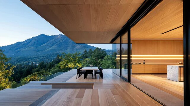 Modern House Architecture Open Space with Wooden Deck and Panoramic Mountain View, Blending Interior Design and Nature for Serene Experience.