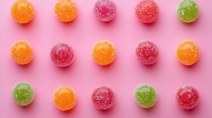 Obraz premium Colorful gummy candies arranged in a grid pattern on a pink background.