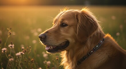 Golden Retriever portrait in field - Serene pet photography - Pet-themed social media post