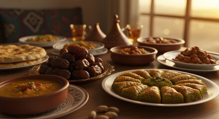 Fototapeta premium A vibrant spread of traditional desserts and snacks on a wooden table at sunset