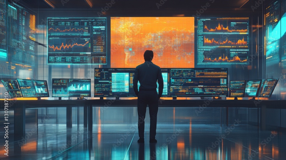 Poster a person stands in front of multiple screens displaying data and analytics in a high-tech control ro
