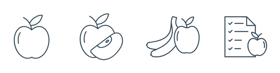 Apple, Banana, and Diet Plan Line Icon set. Vector illustration of Healthy Food, Nutrition, and Wellness
