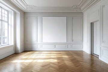 Obraz premium Spacious empty hall with blank white poster. AI generated illustration.
