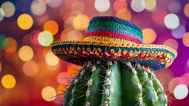 Colorful sombrero on cactus with bokeh background. Festive display. Potential use Party invitation, social media post