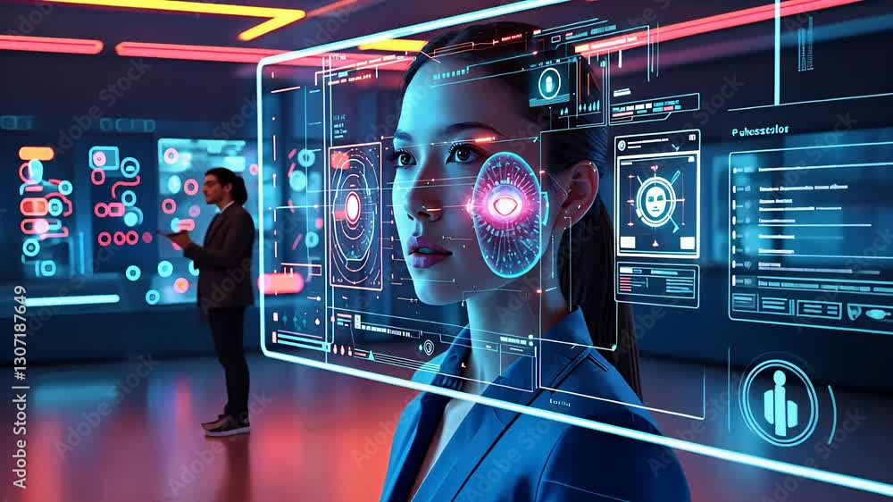 Poster futuristic biometric security system with facial recognition and holographic digital interface in a 