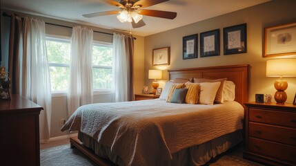 Fototapeta premium Cozy Arafed bedroom with a neatly made bed, wooden dresser, and ceiling fan, featuring warm lighting and neutral tones. Copy space included.