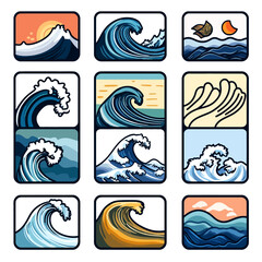 Stylized Waves Collection in Varied Colors and Compositions Graphic Set