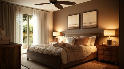 Cozy Arafed bedroom with a neatly made bed, wooden dresser, and ceiling fan, featuring warm lighting and neutral tones. Copy space included.