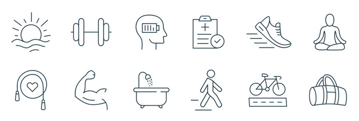 Fitness and Wellness Line Icon set. Vector Illustrations of Exercise, Yoga, Relaxation, Healthy Living, Dumbbell, and Running Icons