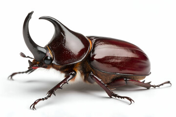 Close-up shot of a rhinoceros bettle featuring curved horns, armored shell and dark polished carapace