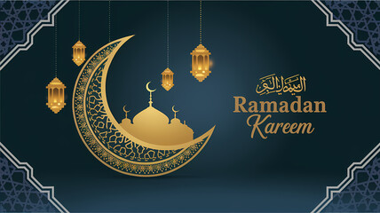 Luxury Ramadan Kareem Greeting Card Design Featuring a Golden Crescent Moon with Intricate Islamic Motifs, Hanging Lanterns, Arabic Calligraphy, and a Mosque Silhouette in a Rich Festive Composition