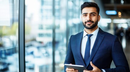 Confident Businessman Holding Tablet in Modern Office Environment
