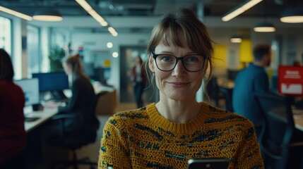 Friendly Businesswoman Smiling While Using Smartphone in Office