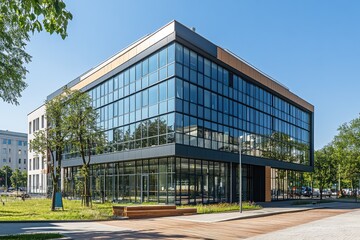 Fototapeta premium Spacious office with modern furniture and big window. AI generated illustration.