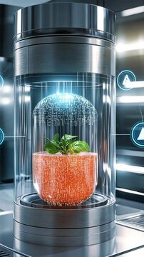 AI-driven food technology, showing a smart kitchen AI preparing a nutritious smoothie, futuristic smart kitchen automation, smart kitchen AI making a healthy smoothie, future kitchen innovations