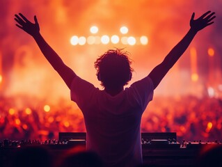 A dj engaging the audience at a thrilling summer concert with a roaring crowd and electrifying music experience