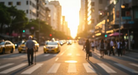 Busy urban street at sunset with pedestrians and taxis in motion