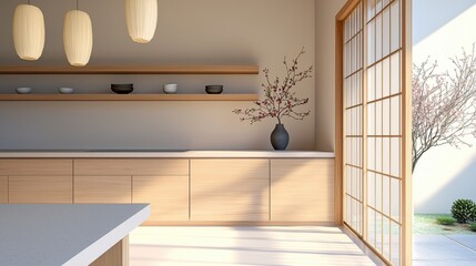 Scandinavian Japanese fusion kitchen with warm sand and natural wood hues, matte closed cabinets, floating wooden shelves, soft paper lantern lighting