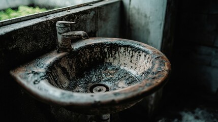Abandoned and Dirty Bathroom Sink in a Dilapidated Space with Signs of Neglect, Rust, and Grime Accumulation Highlighting Environmental Decay