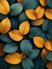 Fototapeta premium Golden and teal leaves creating an elegant autumnal background