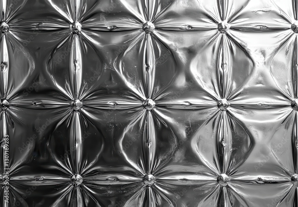 Poster shiny metallic surface with unique raised geometric pattern, reflecting light and creating depth, id