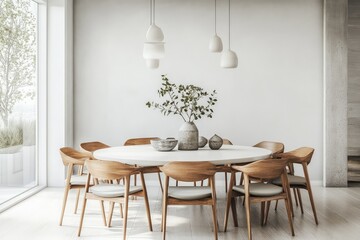 Fototapeta premium Stylish dining room with modern white table. AI generated illustration.