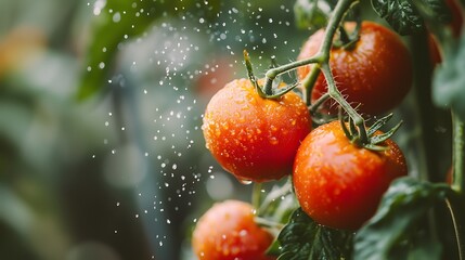 Tomatoes on the vine with water droplets