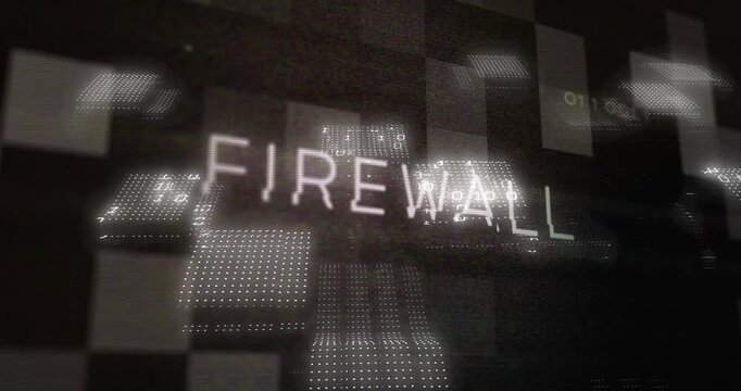 Firewall text with digital patterns and binary code animation in dark theme