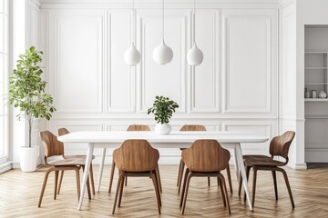 Stylish dining room with modern white table. AI generated illustration.