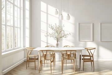 Stylish dining room with modern white table. AI generated illustration.