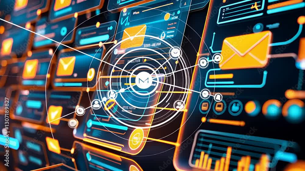 Poster futuristic email communication network with digital interface, cybersecurity elements, and data tran