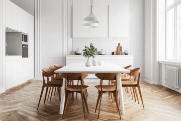 Fototapeta premium Stylish dining room with modern white table. AI generated illustration.