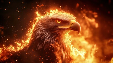 Majestic eagle surrounded by flames, symbolizing power and freedom in a dramatic setting
