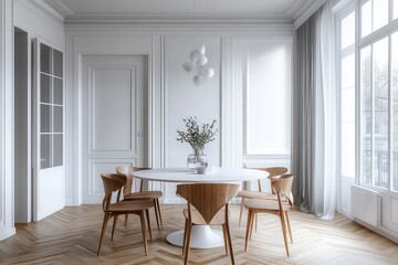 Fototapeta premium Stylish dining room with modern white table. AI generated illustration.