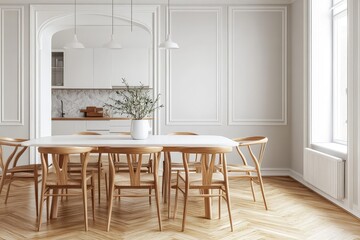 Fototapeta premium Stylish dining room with modern white table. AI generated illustration.