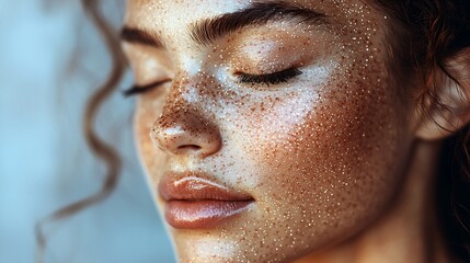 Fototapeta premium Close-up of a woman's face with freckles and glitter.