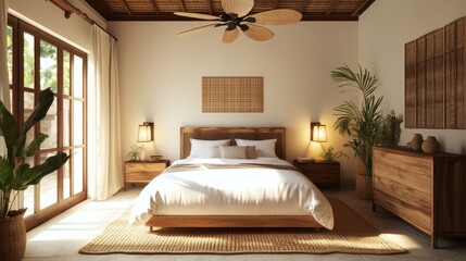 Inviting Arafed bedroom with a plush bed, sleek wooden dresser, and ceiling fan, decorated in earthy and neutral tones. Copy space available.