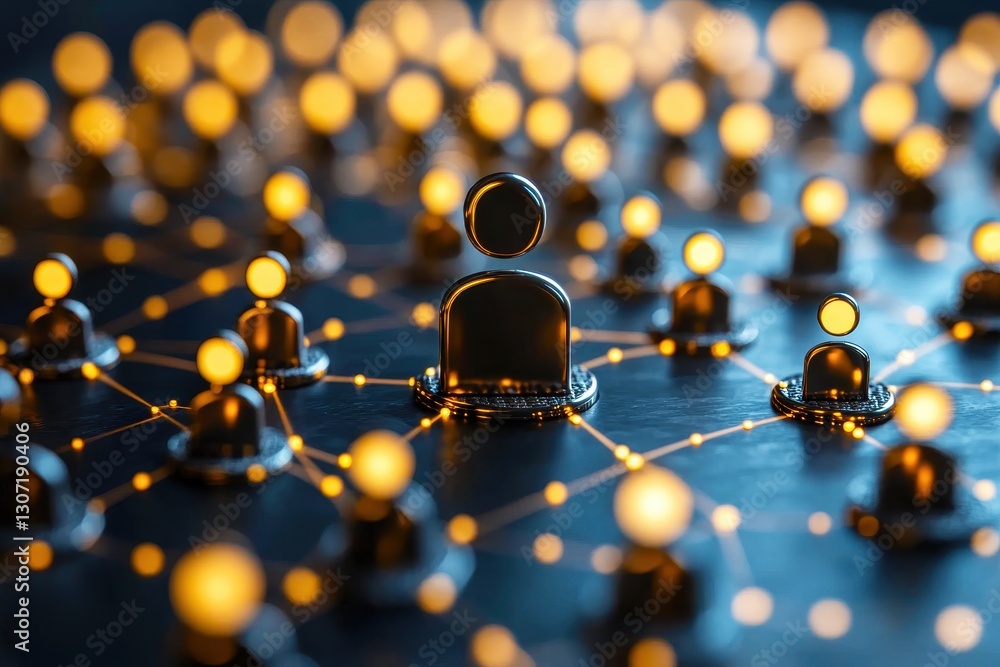 Poster interconnected community concept with glowing nodes and metallic figures representing people in a di