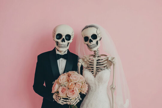 The skeletons in the bride groom wedding dress on the pale pink background. Creative stranger mock up trending Halloween party. Minimalistic wallpaper card design in trendy color