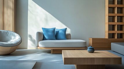 Cozy and contemporary living space showcasing a minimalist design with a beige sofa, blue cushion, vertical wooden paneling, and soft natural lighting, creating an inviting and serene atmosphere.

