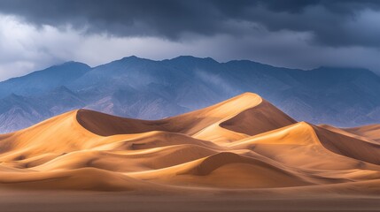 Windswept Sand Dunes Under Dramatic Clouds and Mountain Landscape