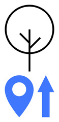 Blue map pin, arrow pointing upward, and minimalist tree outline emphasize navigation, growth, environment, sustainability, direction, eco-tourism and urban planning. Ideal for eco-living flat