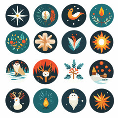 Festive Holiday Vector Icon Set with Reindeer, Owl, Fire, Star Designs