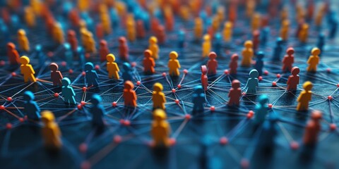 Fototapeta premium business networking graphic of Human figures in bright colors interconnected by lines, emphasizing relationships and individuality in a broader network.