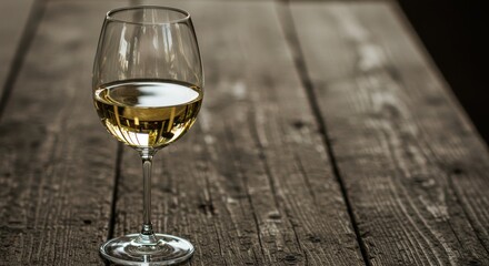 Obraz premium Elegant glass of white wine resting on a rustic wooden table in a cozy setting